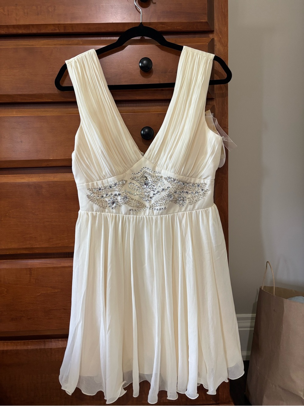 Lipsy Cream V-Neck Chiffon Mini Dress with Crystal Embellishment